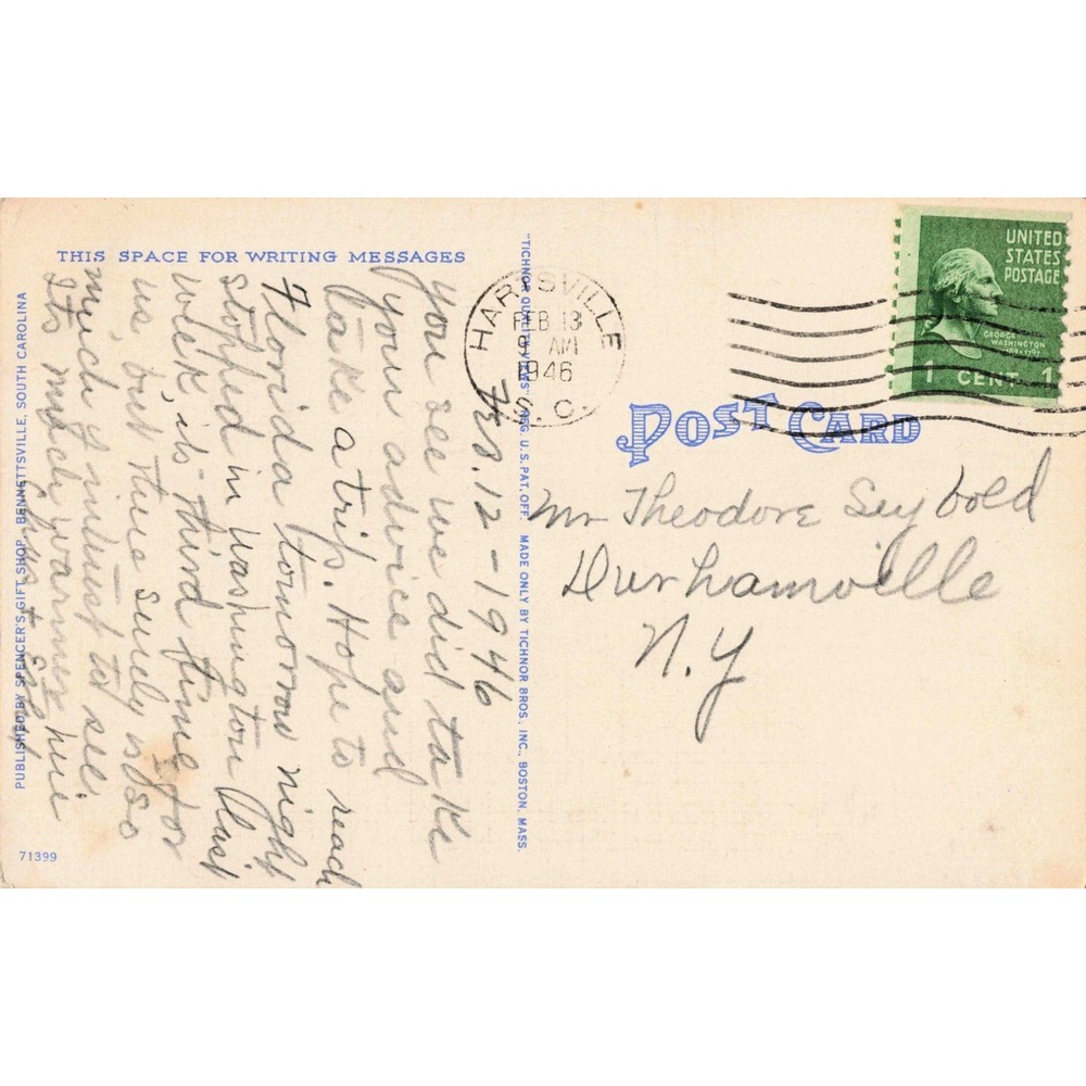 Vtg Marlboro County Court House Bennettsville SC Linen Postcard 1946 Postmark - Picture 2 of 2